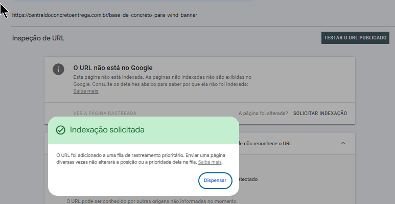 Search Console mostrando a URL /base-de-concreto-para-wind-banner com status 'O URL não está no Google' e 'Indexação solicitada — URL adicionado a uma fila de rastreamento prioritária', em 12/08/2026.