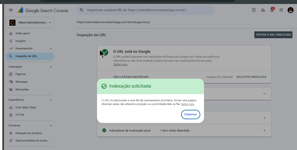 Search Console mostrando a página /cobogos/muro da Central do Concreto com status 'O URL está no Google' e 'Indexação solicitada', em 12/08/2026.