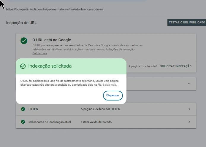 Inspeção de URL no Search Console da página da codorna no Bom Jardim Ivoti, com status 'O URL está no Google' e o aviso 'Indexação solicitada': a URL foi adicionada à fila de rastreamento prioritário.
