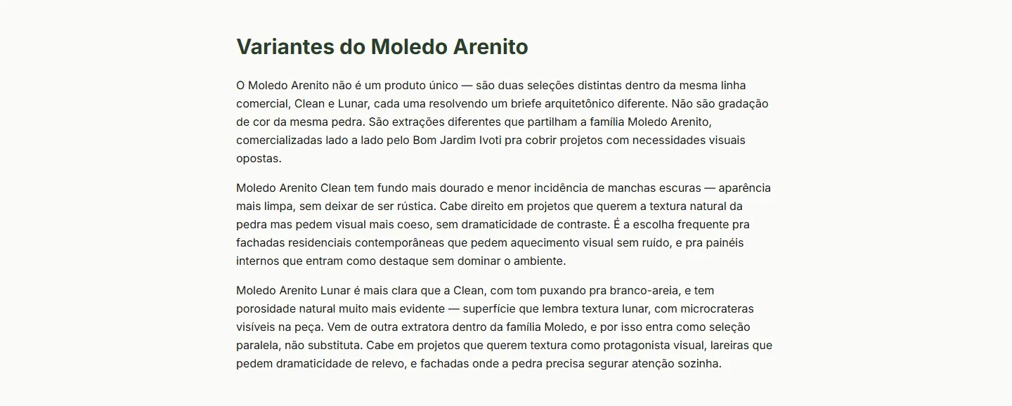 A seção Variantes do Moledo Arenito como estava publicada na página do Bom Jardim Ivoti: descreve clean e lunar como extrações diferentes, a clean com fundo mais dourado e menos manchas escuras, e a lunar com porosidade muito mais evidente e microcrateras visíveis na peça.