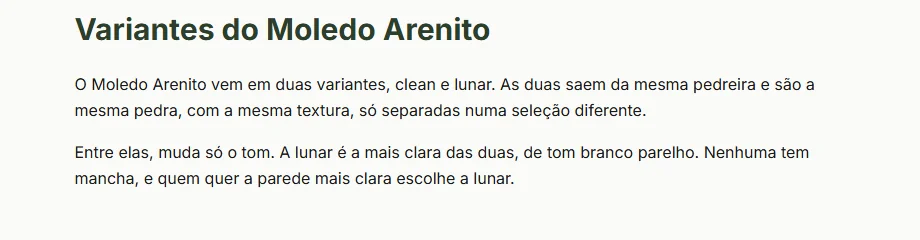 A mesma seção Variantes do Moledo Arenito depois da correção: clean e lunar saem da mesma pedreira, têm a mesma textura e só mudam no tom, com a lunar mais clara.