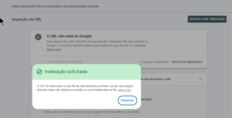 Inspeção do Search Console mostrando a URL da Miracema Lascada adicionada à fila prioritária de rastreamento